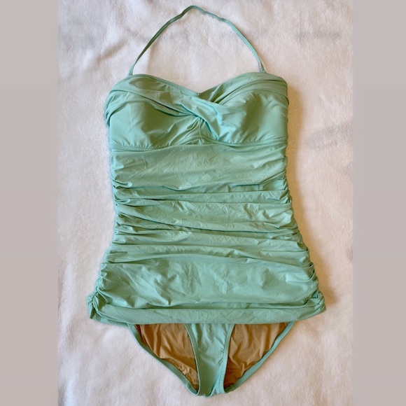 J. Crew Skirted Twist Top Ruched Bandeau Seafoam Swimsuit - Picture 2 of 15